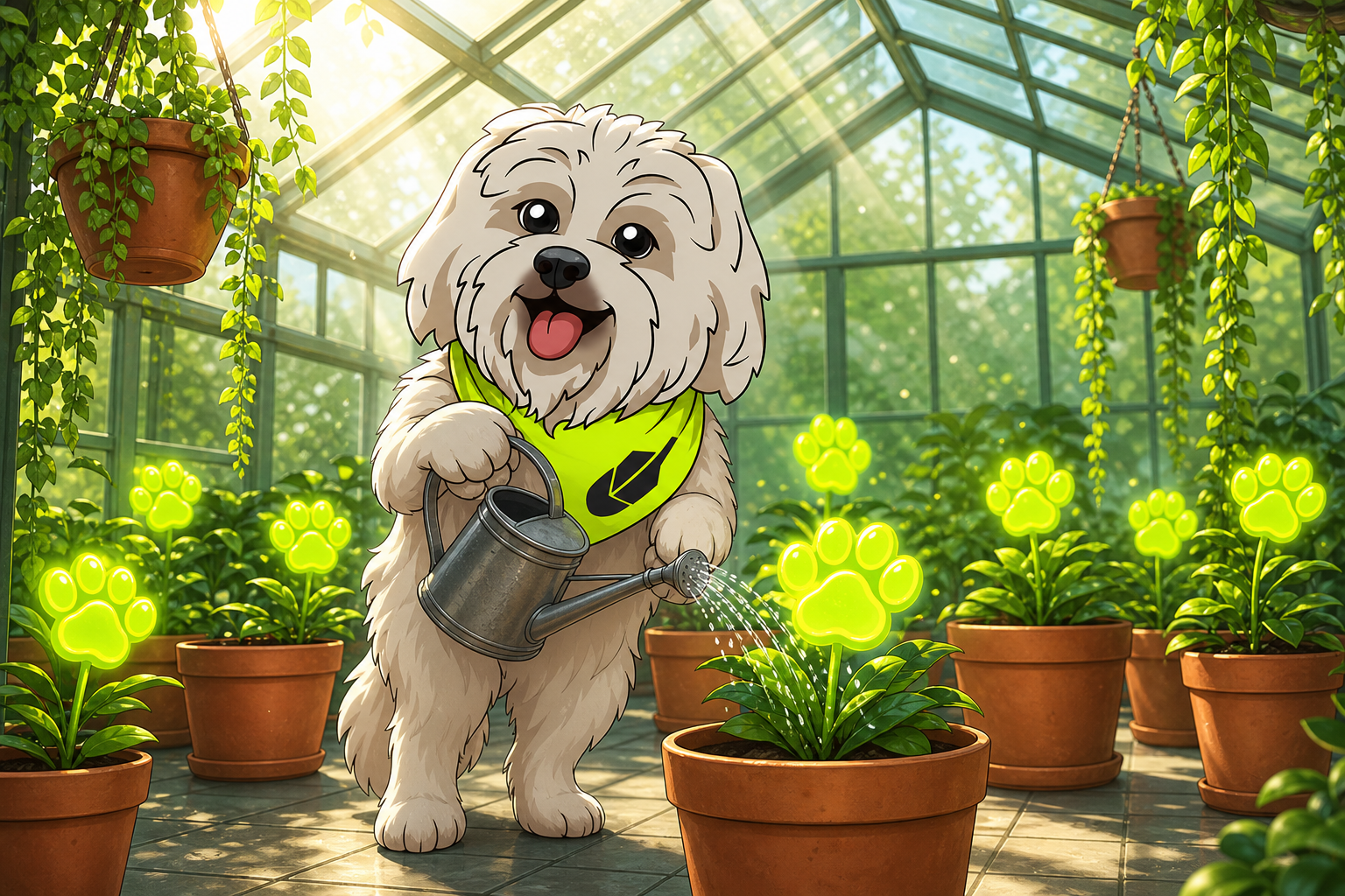 Brodie watering neon paw-print flowers