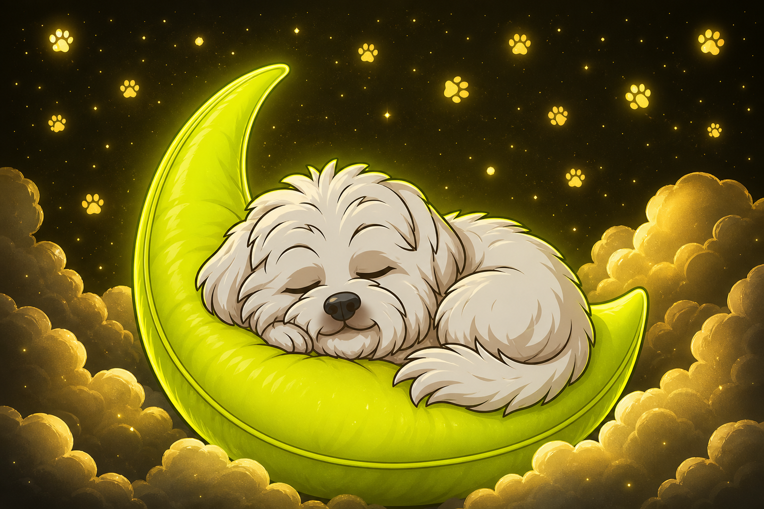 Brodie napping on a neon crescent moon